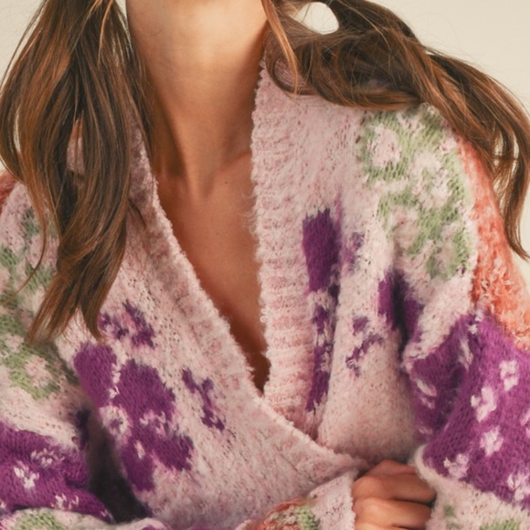 New So Pretty Multi Floral Pattern Oversized Open Front Knit Cardigan - Picture 8 of 8